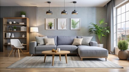 Obraz premium Interior of modern living room with grey sofa, soft bench, and poufs, light, living room, grey, sofa, soft, bench, poufs