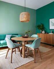 Mint color chairs at round wooden dining table in room with sofa and cabinet near green wall. Scandinavian, mid-century home interior design of modern living room.