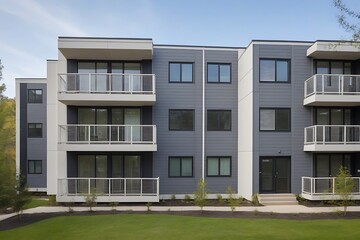 Modern multifamily building with Hardie plank siding, featuring rectangular shapes, balconies, and windows in a tree-lined setting.