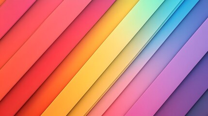 Obraz premium Vibrant rainbow colored diagonal stripes, multicolored geometric pattern, pastel and bright hues, seamless gradient transition, abstract background, minimalist design.