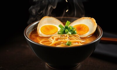 Japanese soup ramen in bowl on dark background
