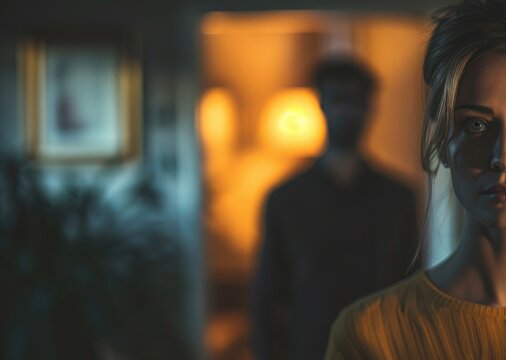 Woman with Intense Blue Eyes and Mysterious Hoodie Figure in Background in Dramatic Lighting