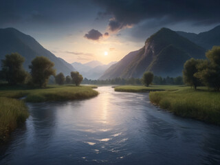 Beautiful evening light view of a forest river nature landscape scene