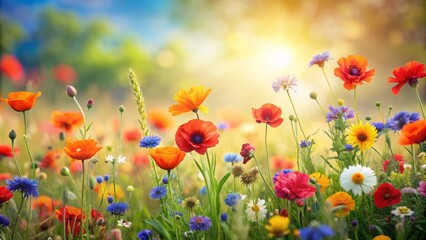 Obraz premium A vibrant landscape filled with various flowers under a warm sun with copy space