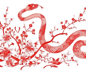 Obraz premium Close-up of a beautiful red snake coiled in a ring of flowers on a white background. Poisonous dangerous reptile. Symbol of the New Year according to the Chinese calendar