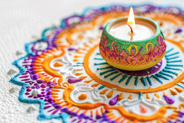 Traditional oil lamp with rangoli design