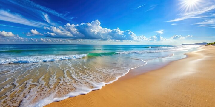 Peaceful beach scene with calm waves touching sand under clear skies, Tranquility, relaxation, beach, scene, calm, waves
