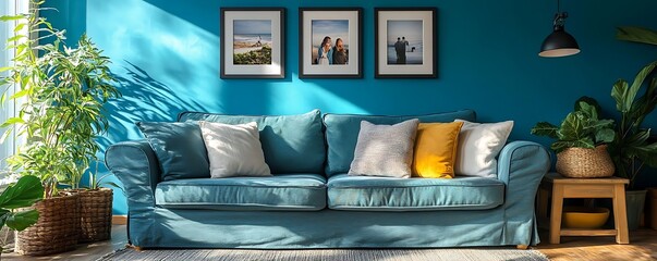 Blue Sofa in a Teal Room with Plants and Photos - Photo