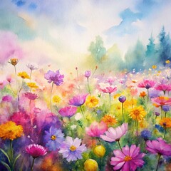 A watercolor painting of a vibrant field of wildflowers blooming in various colors, watercolor illustration with copy space