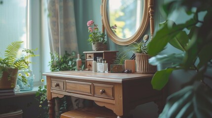 White vanity desk with mirror and flowers in a sunny room