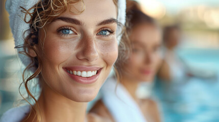 Woman with a towel on her head smiling at the camera, with a blurred background of people in a spa. Concept of relaxation and wellness.
