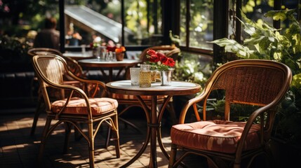 Brown wooden table and chairs around it. Fashionable stylish interior of a summer outdoor cafe.