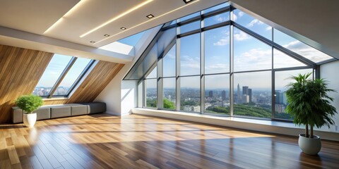 Fototapeta premium Interior of a modern apartment with angled window and wall, modern, apartment, interior, angled window, wall, design