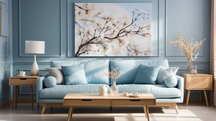 Luxurious room in blue tones with a large comfortable blue sofa and other interior items. The theme of fashionable and successful design of a harmonious home.