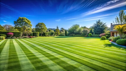 Wide lawn trimmed with precision under a blue sunny sky, lawn, trimmed, precision, blue, sunny, sky, grass, manicured, green