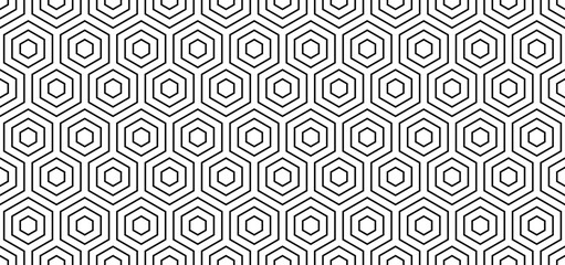 Seamless geometric pattern. Black and white abstract background with hexagons, lines.