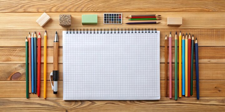 A blank illustration template with grids and guidelines on a wooden desk, surrounded by pencils, markers, and erasers, ready for creative design and artwork.