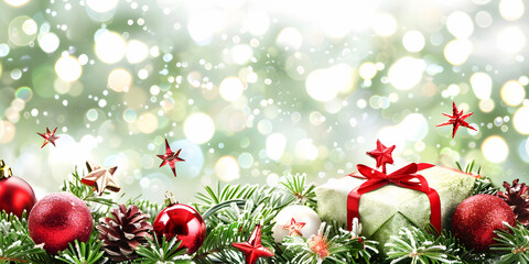 Winter Holiday Background with Christmas Tree Baubles Gift Box with Ribbon and Blurry Lights, Festive Decor Design with Happy New Year Landscape Wallpaper Background. Copy Space for Text