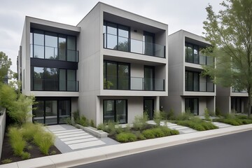 Contemporary architecture in a multifamily building with multiple units, glass windows, and concrete design, set on a tree-lined street