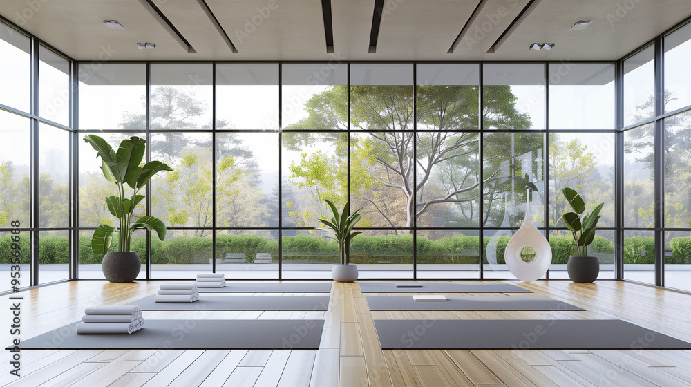 Poster empty yoga studio interior design architecture, minimal open space, spatial organization with mats a