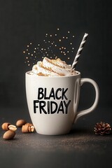 Hot cocoa mug, Black Friday sale message, Christmas vibes, 3D illustration