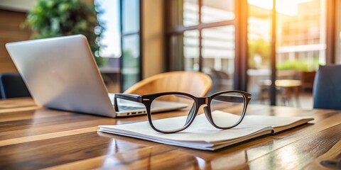 A blurred background with sharp focus on trendy, modern glasses perched on the edge of a wooden desk,