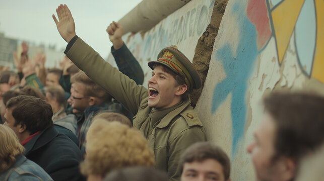 Celebratory Crowd and Soldier Cheering by Berlin Wall During Historical Moment