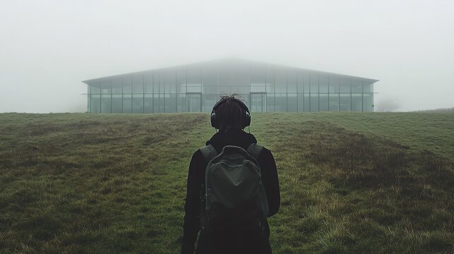 A man wearing a backpack is walking through a foggy field
