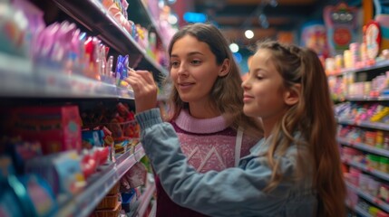 Obraz premium Two girls smiling while choosing candy in a brightly-lit store. Best friends pick out colorful sweets. Happy moment in a supermarket candy aisle.