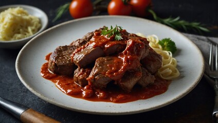 A plate of meat with sauce.