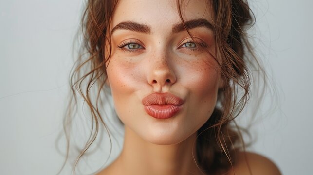 Woman with brown hair pouting lips