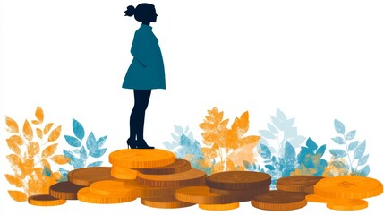 A silhouette of a woman standing confidently atop a pile of coins surrounded by vibrant foliage, symbolizing financial security and future growth through disciplined savings strategies