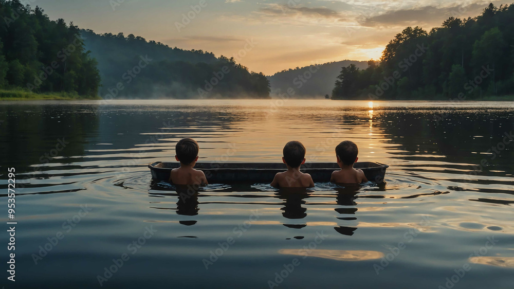 Wall mural kids in quiet lake in the morning background