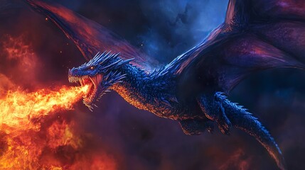 A blue dragon with fire coming out of its mouth © Jodie