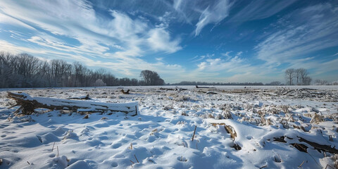 A snowy field with a few trees  with blue sky background