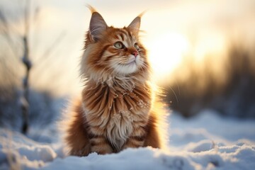 Obraz premium Majestic Fluffy Cat in Snowy Landscape at Sunrise Capturing Winter Serenity