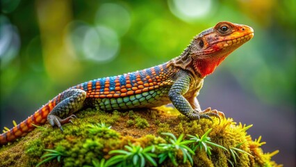 Fototapeta premium A brightly colored, intricately scaled plated lizard perches on a moss-covered rock, its spiky ridges and vibrant orange shades captivating against a lush green background.