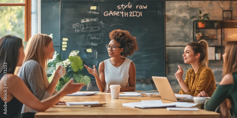 Poster A Collaborative Business Meeting in a Modern Workspace aims to enhance productivity through interaction, encouraging brainstorming, creativity, and innovation to achieve shared organizational goals