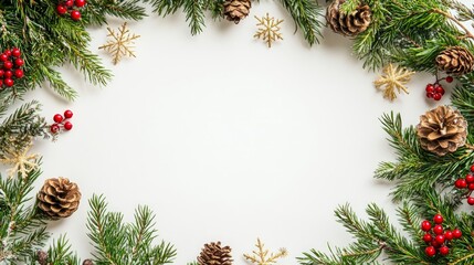 Festive Christmas wreath. Round frame made of conifer branches decorated with cones, artificial red berries and decorative gold snowflakes. Wreath isolated on white background, copy space