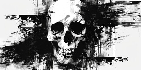 Black and white skull in intricate detail, showcasing contrast and texture.