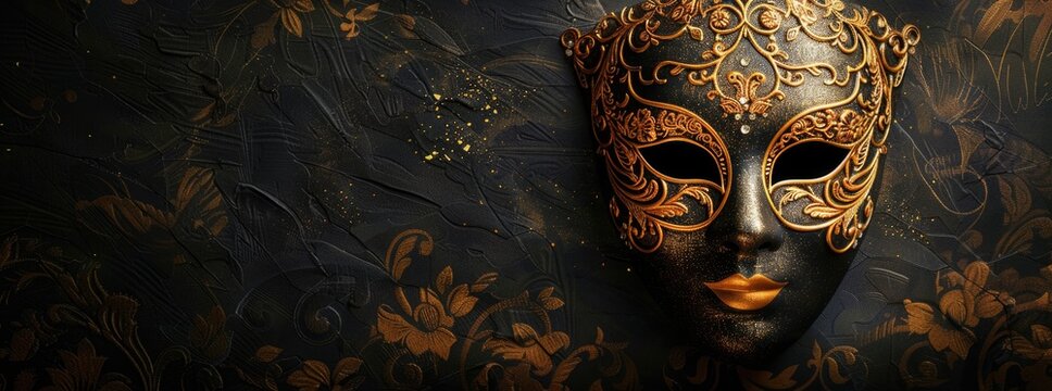 Elegant Golden Mask on Ornate Dark Background  Masquerade, Mystery, and Luxury