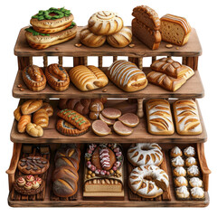 Assortment of Baked Goods on Wooden Shelves