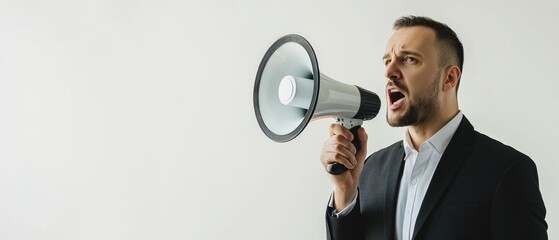 Businessman with a megaphone against a white background, intense focus, dynamic and professional, clear communication style