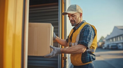 A professional truck driver packing boxes into a shipping container during daylight hours at a clean and efficient loading dock