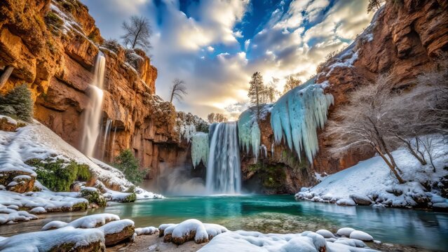 Mooney Falls in January, shot from a low angle, looking up at the rugged, snow-covered cliffs and the majestic frozen waterfall, with a dramatic, overcast sky.