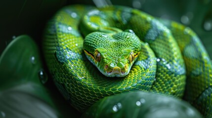 Fototapeta premium Green snake curled on leaf