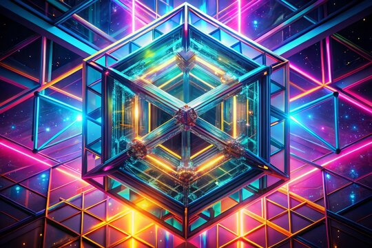 Abstract futuristic illustration of a four-dimensional cube, with glowing neon lines and shapes, unfolding into a