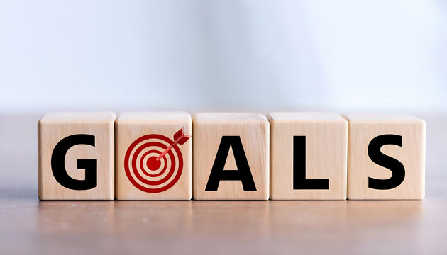 Wooden blocks spelling 'GOALS' with a target symbol, representing ambition, motivation, and achievement in personal or professional life.