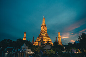 Golden hour in Bangkok Thailand and beautiful view of the Wat Arun temple during sunset