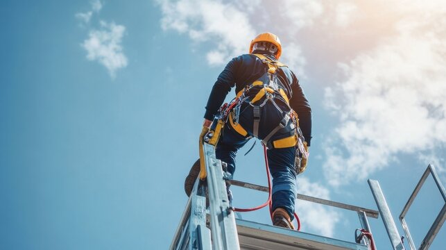 Technician on high platform with fall arrest system ensuring safety detailed harness and equipment sharp image modern safety protocols clear sky